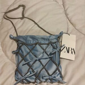 ZARA Powder Blue Satin Crossbody with Chain Net